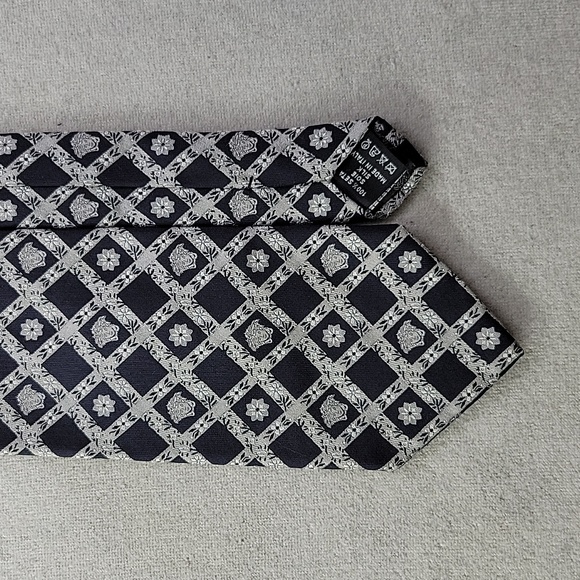 Vintage Gianni Versace Medusa Floral Silk Neck Tie Navy Silver Window Pane Check
